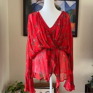 IRO Red Floral Print Semi Sheer Blouse Size 38 (US 6)